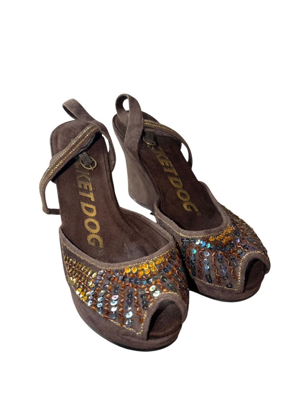 Rocket Dog Brown Suede Peep-Toe Wedge Sandals with Multicolor Rhinestones